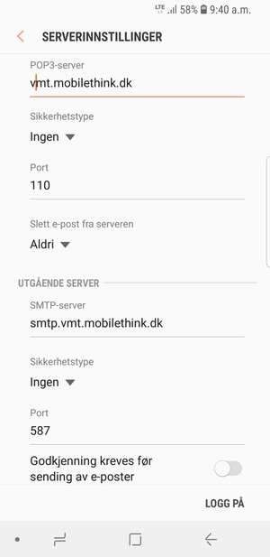 Slå av Godkjenning kreves før sending av e-poster  og velg LOGG PÅ