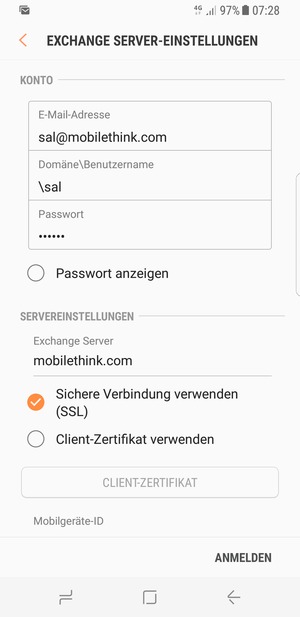 Geben Sie Benutzername und Exchange Server-Adresse ein. Wählen Sie ANMELDEN