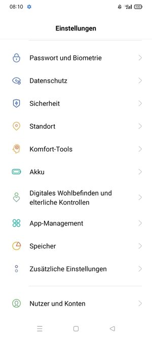 Um die PIN für die SIM-Karte zu wechseln, gehen Sie zum Einstellungen Menü zurück und wählen Sie Sicherheit