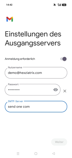 Geben Sie die Server-Adresse für ausgehende Post ein und wählen Sie Weiter