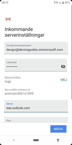 Ange Användarnamn och Exchange serveradress. Välj NÄSTA