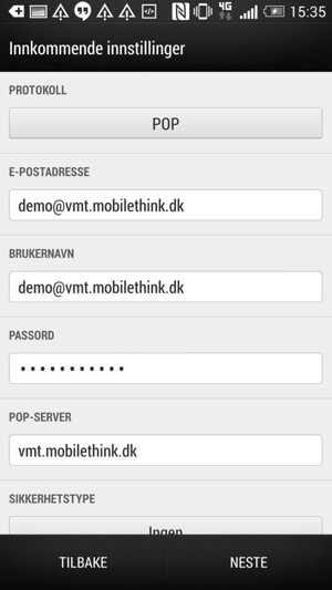 Skriv inn e-postinformasjon for Innkommende serverinnstillinger. Velg NESTE