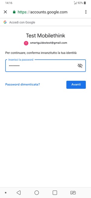Inserisci la tua password e seleziona Avanti