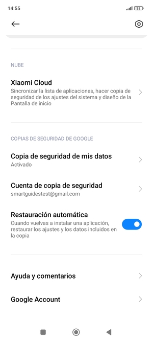 Seleccione Cuenta de copia de seguridad