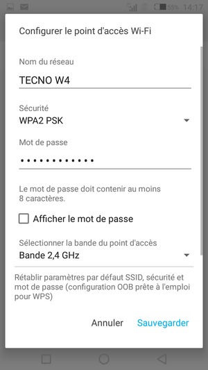 Saisissez un mot de passe de hotspot Wi-Fi d'au moins 8 caractères et sélectionnez Sauvegarder