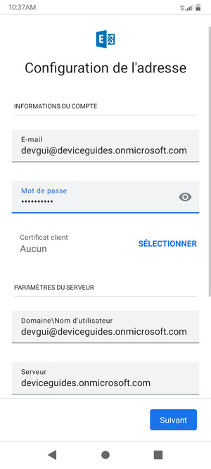 Saisissez votre mot de passe et l'adresse du serveur Exchange. Sélectionnez Suivant