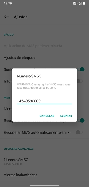 Introduzca el Número SMSC y seleccione ACEPTAR
