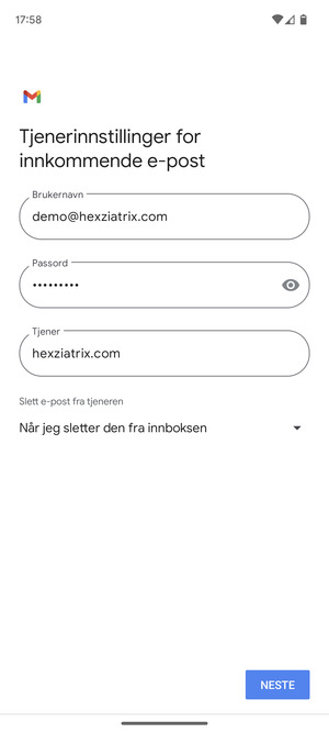 Skriv inn utgående serveradresse og velg NESTE