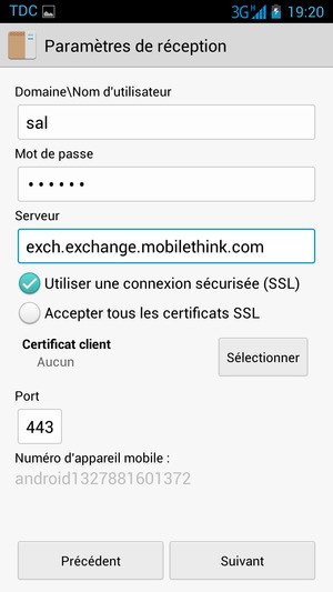 Saisissez votre Nom d'utilisateur et l'adresse du serveur Exchange. Sélectionnez Suivant