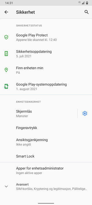 For å bytte PIN-koden til SIM-kortet, bla til og velg Avansert