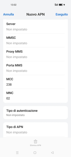 Scorri verso il basso e inserisci le informazioni di internet