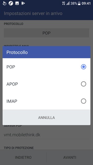 Seleziona POP o IMAP
