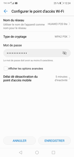Saisissez un mot de passe de hotspot Wi-Fi d'au moins 8 caractères et sélectionnez ENREGISTRER