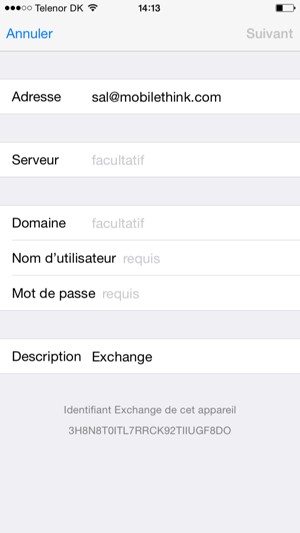 Saisissez vos informations de messagerie Exchange et sélectionnez Suivant
