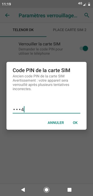 Saisissez votre Ancien code PIN de la carte SIM et sélectionnez OK