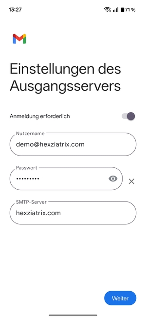 Geben Sie die Server-Adresse für ausgehende Post ein und wählen Sie Weiter