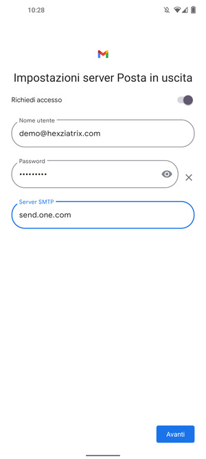 Inserisci l'indirizzo del server di posta in uscita e seleziona Avanti
