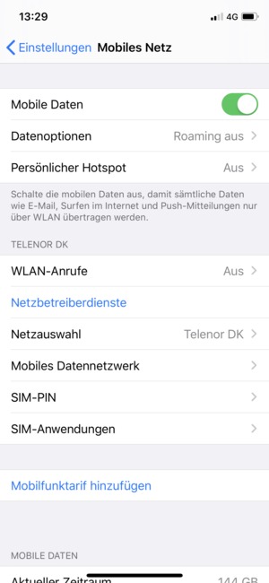 Wählen Sie Mobiles Datennetzwerk