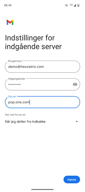 Indtast Brugernavn og indgående serveradresse. Vælg Næste