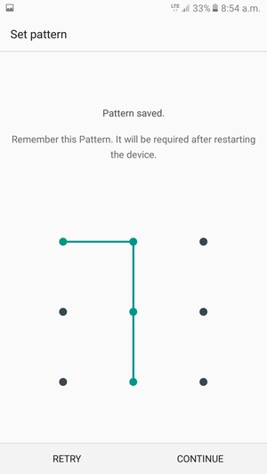Draw an unlock pattern and select CONTINUE