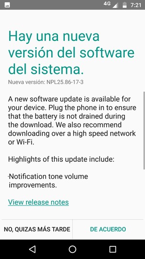 Si el teléfono no está actualizado, seleccione DE ACUERDO