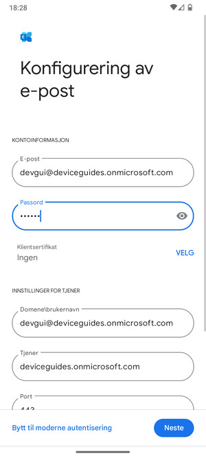 Skriv inn Brukernavn og Exchange serveradresse. Velg Neste