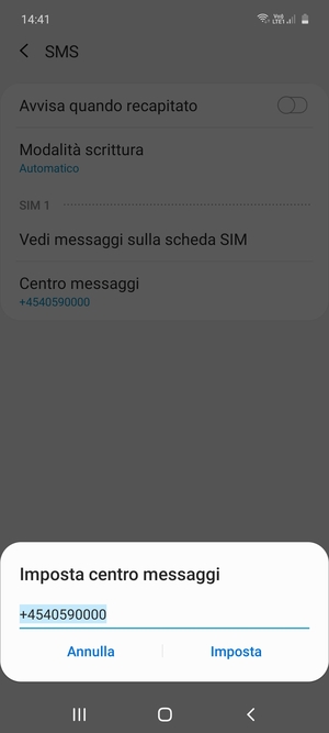 Inserisci il numero di Centro messaggi e seleziona Imposta