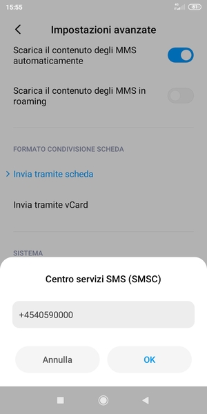 Inserisci il numero di Centro servizi SMS (SMSC) e seleziona OK