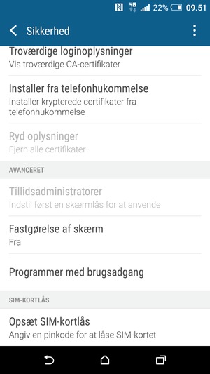 For at ændre PIN-koden til sim-kortet, vend tilbage til menuen Sikkerhed og scroll til og vælg Opsæt SIM-kortlås