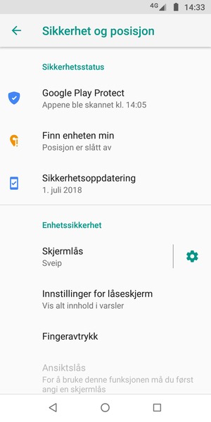 For å aktivere skjermlåsen, gå til Sikkerhet og posisjon-menyen og velg Skjermlås