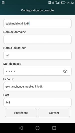 Saisissez l'adresse du serveur Exchange et sélectionnez Suivant