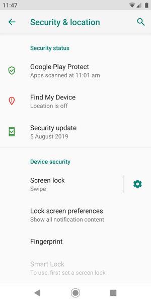 To activate your screen lock, go to the Security & location menu and select Screen lock