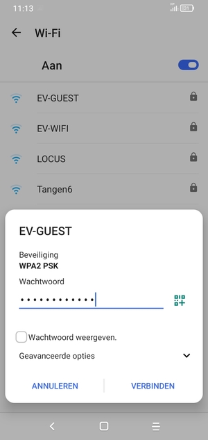 Voer het Wifi-wachtwoord in en selecteer VERBINDEN
