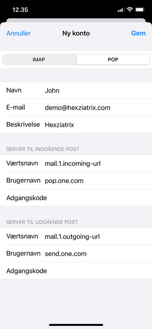 Indtast e-mail oplysninger for SERVER TIL UDGÅENDE POST og vælg Gem