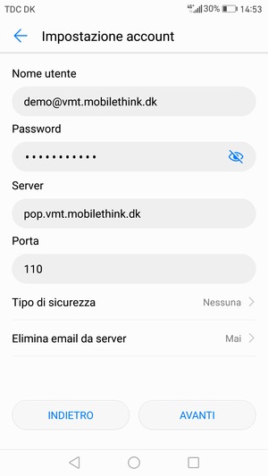Inserisci Nome utente e l'indirizzo del server di posta in arrivo. Seleziona AVANTI