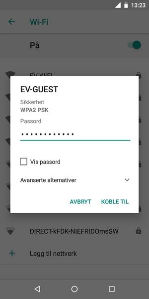 Skriv inn Wi-Fi-passord og velg KOBLE TIL