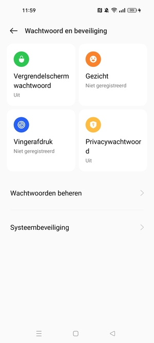 Om uw schermvergrendeling te activeren, ga naar het Wachtwoord en begeiliging-menu en selecteer Vergrendelscherm wachtwoord