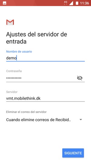 Introduzca Nombre de usuario y la dirección de servidor entrante. Seleccione SIGUIENTE