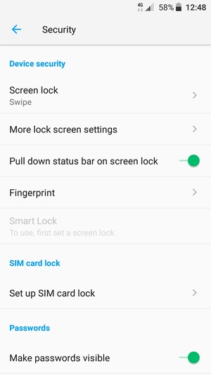 To activate your screen lock, go to the Security menu and select Screen lock