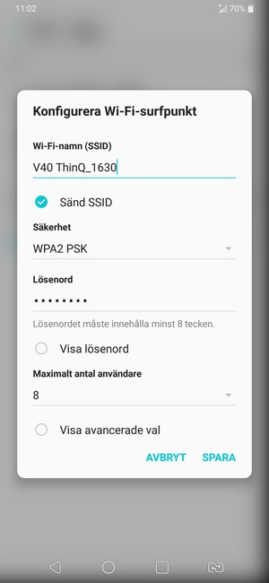 Ange ett lösenord för Wi-Fi-hotspoten, bestående av minst  8  tecken och välj  SPARA