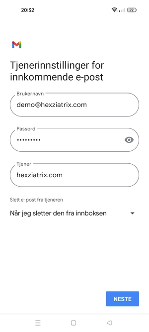 Skriv inn Brukernavn og innkommende serveradresse. Velg NESTE