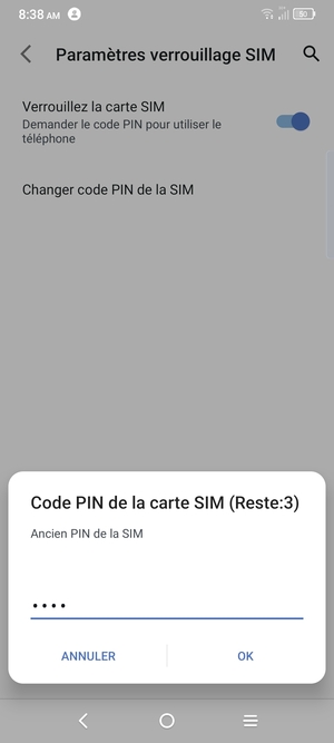 Saisissez votre Ancien code PIN de la carte SIM et sélectionnez OK