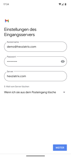 Geben Sie Benutzername und die Server-Adresse für eingehende Post ein. Wählen Sie WEITER