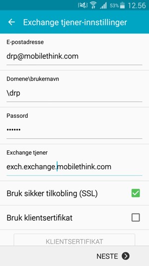 Skriv inn Brukernavn og Exchange serveradresse. Velg NESTE