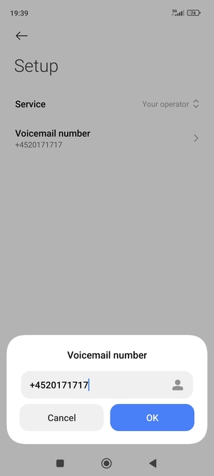 Enter the Voicemail number and select OK