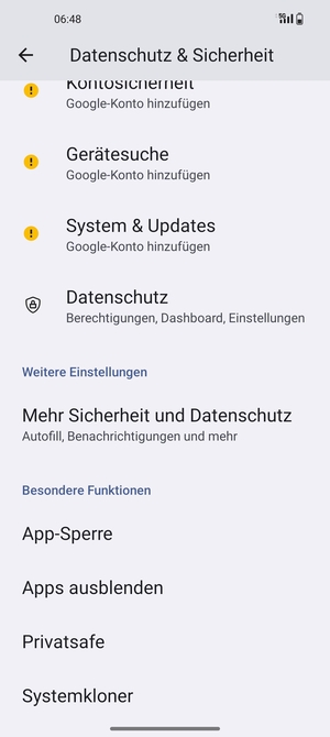 Scrollen Sie und wählen Sie Mehr Sicherheit und Datenschutz