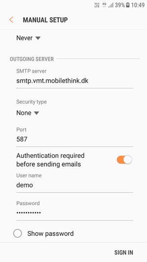 Scroll down and enter Outgoing server address