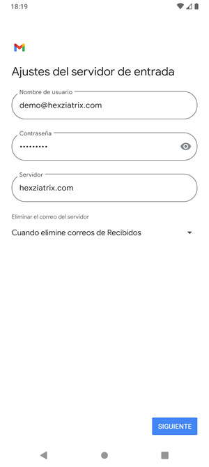 Introduzca Nombre de usuario y la dirección de servidor entrante. Seleccione SIGUIENTE