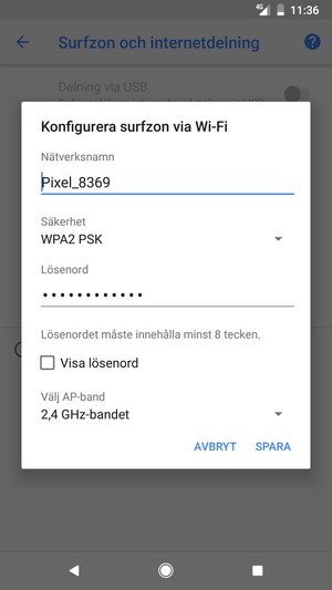 Ange ett lösenord för Wi-Fi-hotspoten, bestående av minst 8 tecken och välj SPARA