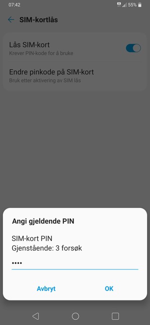 Skriv inn Gjeldende SIM-kort PIN og velg OK